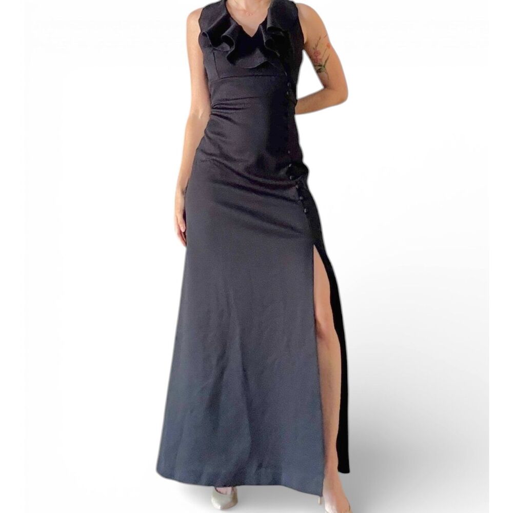 Vintage 90s Black Formal Gown Dramatic Ruffle Neckline High Slit Evening Dress M